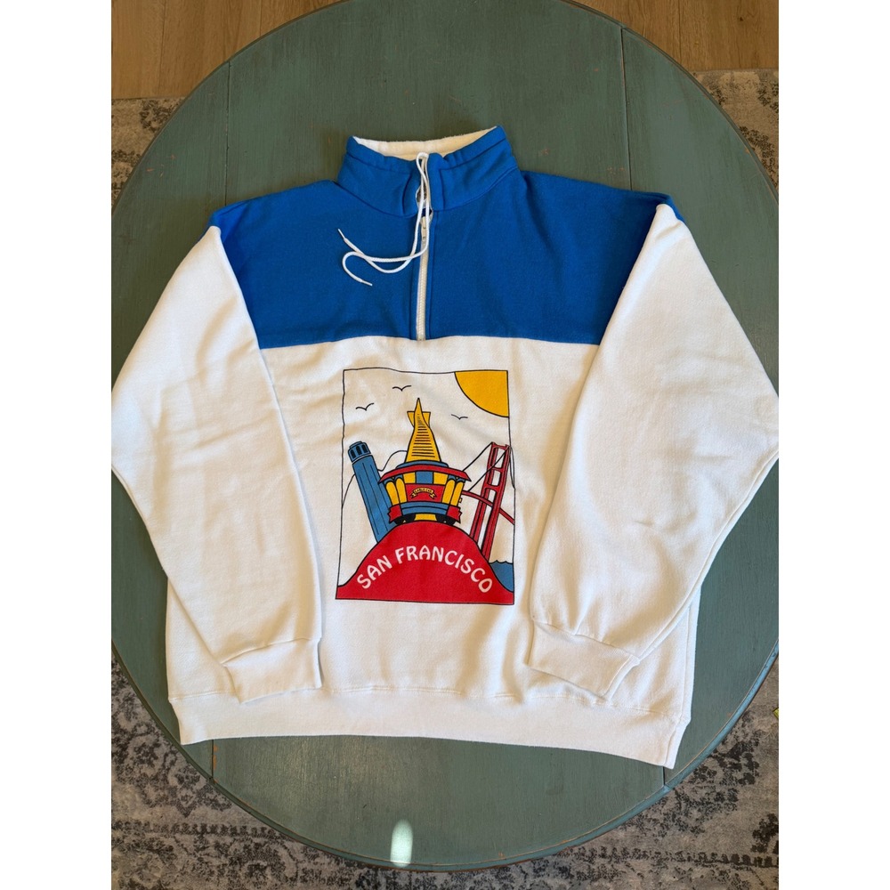 VTG 90s Model T San Francisco Colorblock Quarter Zip Sweatshirt XL Blue White